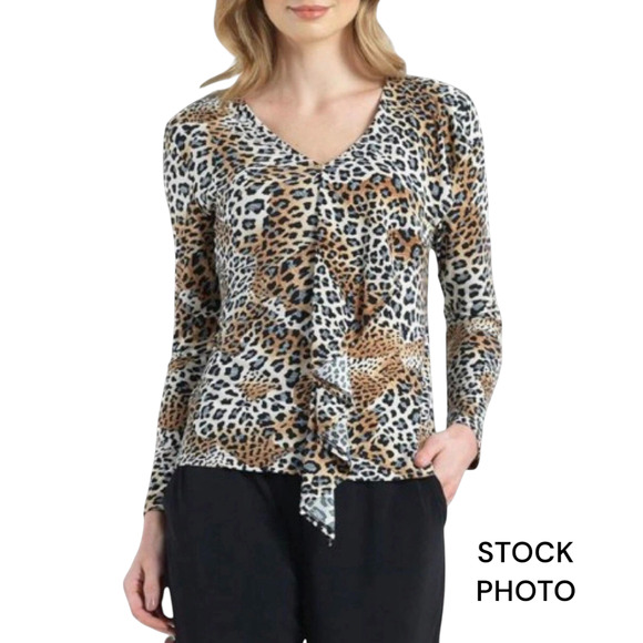 Clara Sunwoo Ruffle Front V Neck Blouse Small Long Sleeve Brown Animal Print Top - Picture 7 of 7